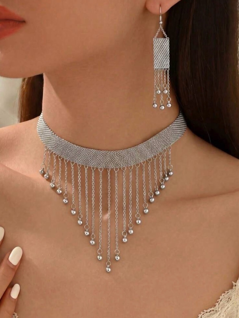 Silver Fringe Choker Necklace with Matching Earrings - Women's Jewelry - Picture 2 of 4
